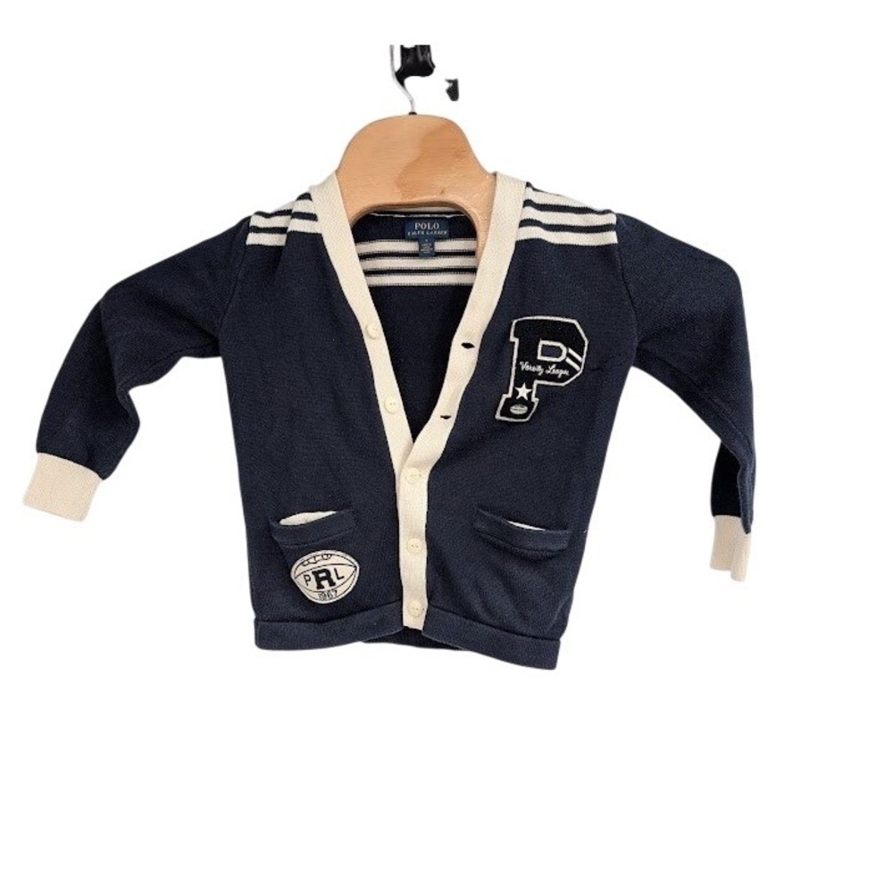 Boy's Polo‎ Ralph Lauren V-Neck Cotton Letterman Cardigan Blue White Trim sz 7